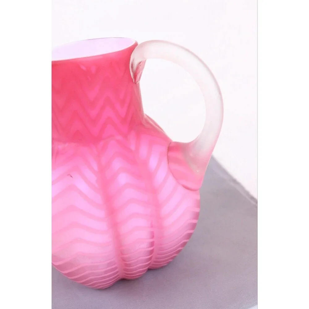 Mt Washington Pink Mother of Pearl Satin Glass Herringbone Pitcher 7.5 READ